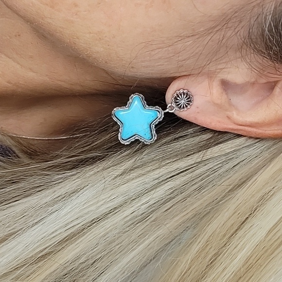 TURQUOISE STAR CONCHO DROP EARRINGS - Picture 1 of 8